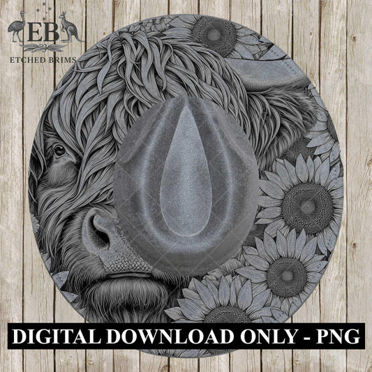 Highland Cow and Sunflowers 3, Hat Burning Design, Digital Download PDF & PDF for Hand Burning, Wide Brim Hat, Printable Hat Template, EB606