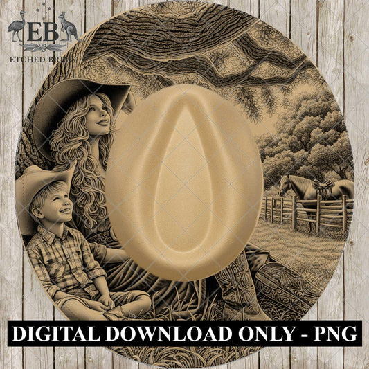 Cowgirl and Son 1, Western Hat Burning Design, Laser Engraving Template for Fedora Brim EB933