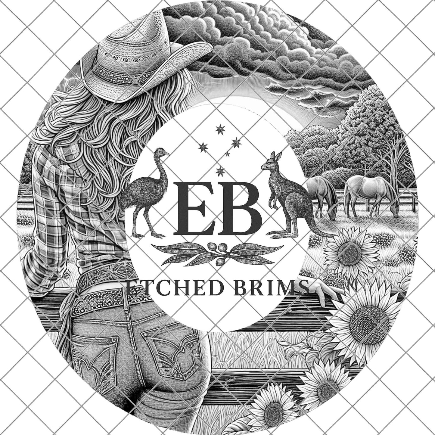 Cowgirl & Sunflowers 5, Hat Burning Design, Wide Brim Hat Burning Template, Laser Hat Engraving Template, Printable Stencil, EB762