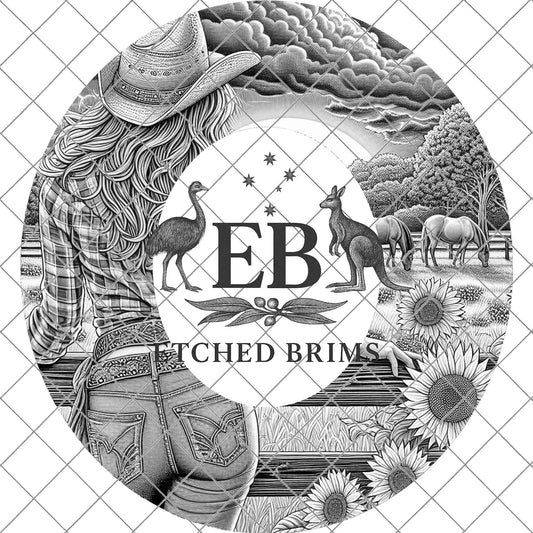 Cowgirl & Sunflowers 5, Hat Burning Design, Wide Brim Hat Burning Template, Laser Hat Engraving Template, Printable Stencil, EB762