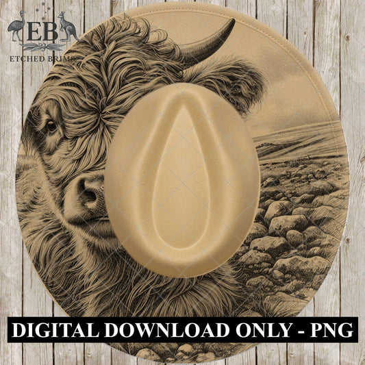 Scottish Highland Cow, Wide Brim Hat Template, Burned Hat PNG, Pyrography Hat Design, Hat Burning Design, EB807