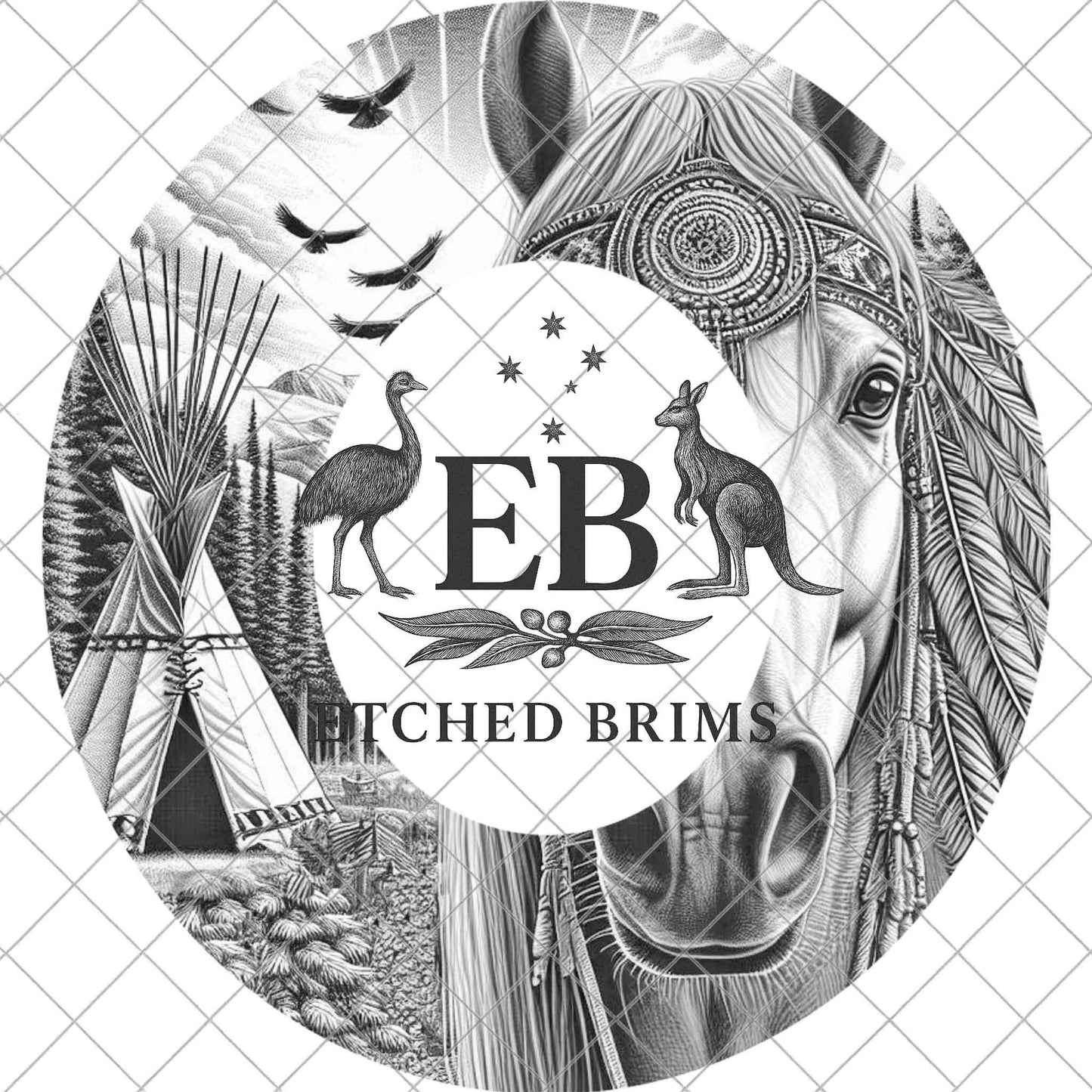 Indian Teepee and Campfire, Hat Burning Template for Wide Brim Hats. PNG for Laser Engraving and PDF Moonlit Horse Scene, EB956