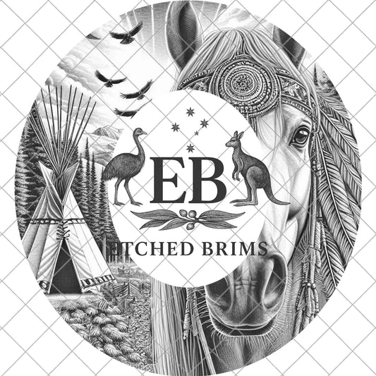 Indian Teepee and Campfire, Hat Burning Template for Wide Brim Hats. PNG for Laser Engraving and PDF Moonlit Horse Scene, EB956