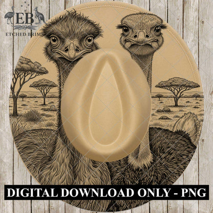 Emu and Ostrich Hat Burning Design, Laser Engraving File Wide Brim Fedora Hat. EB1042