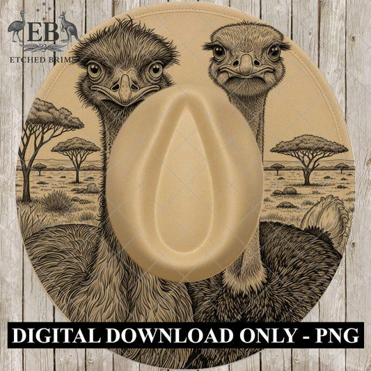 Emu and Ostrich Hat Burning Design, Laser Engraving File Wide Brim Fedora Hat. EB1042