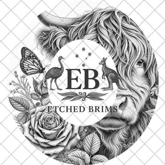 Highland Cow, Butterfly & Roses, Hat Laser Engraving Design, Digital Download PNG, Floral Art, Hat Burning Template, EB1074