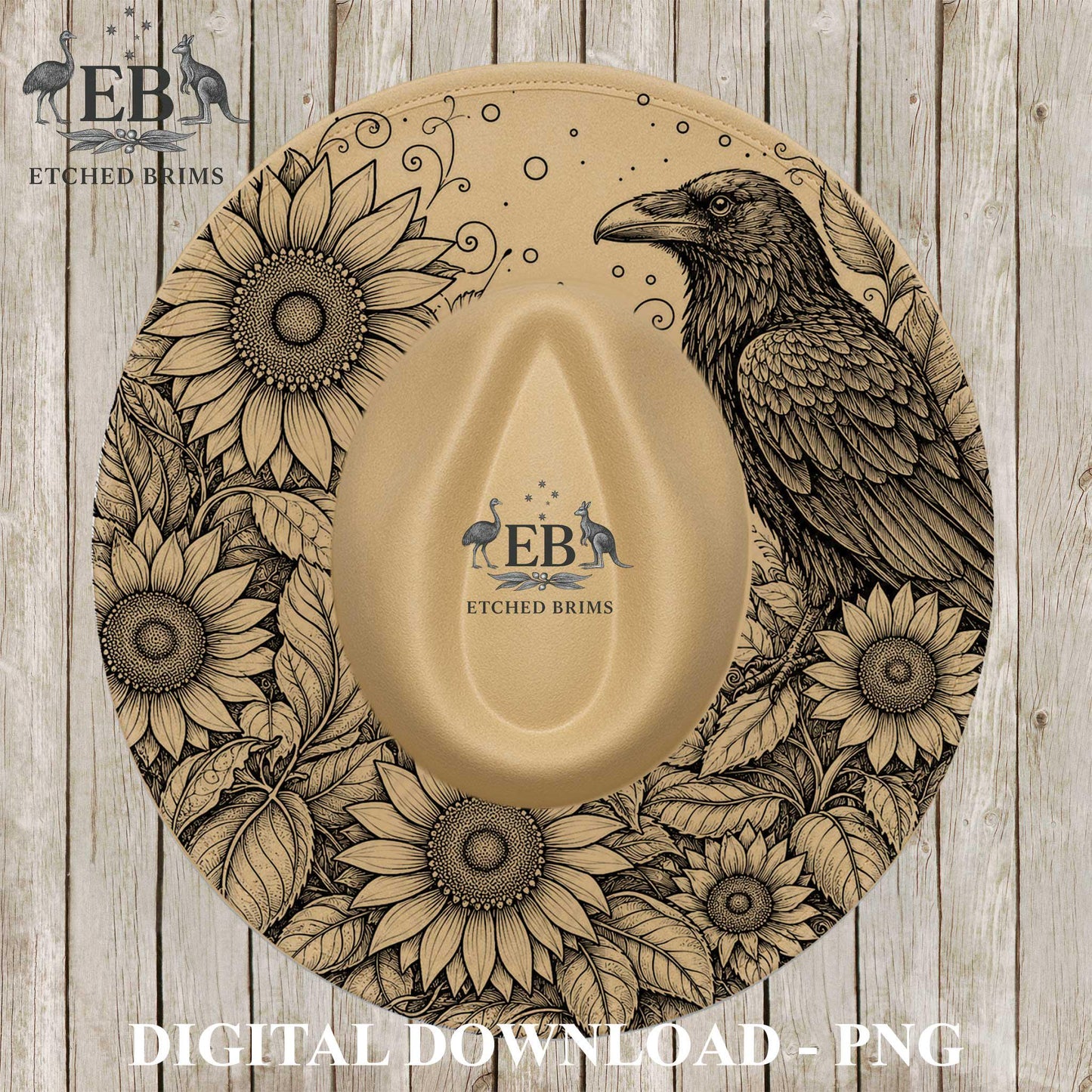 Sunflower and Raven Hat Burning Design, Laser Engraving Template for Wide Brim Fedora Hats, EB1275