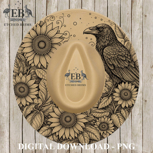 Sunflower and Raven Hat Burning Design, Laser Engraving Template for Wide Brim Fedora Hats, EB1275