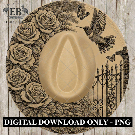 Roses, Butterflies and Hummingbird Hat Burning Template for Laser Engraving and Hand Burning, PNG and 4 page PDF included, EB1180