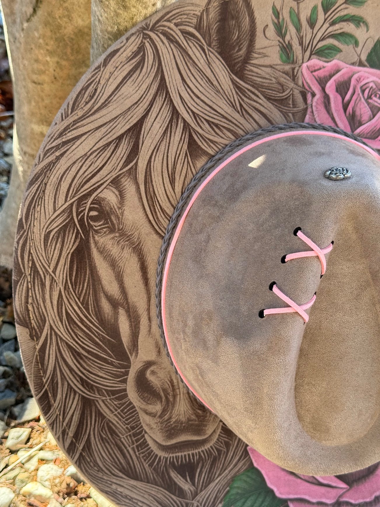 Wild Rose - EXCLUSIVE - Horse Engraved Wide Brim Hat, Vegan Suede Fedora Hat, Laser Engraved, Cowboy Hat, Burned Fedora, Cowgirl Design
