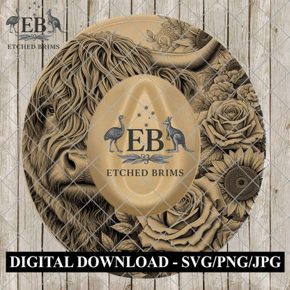 Highland Cow Roses & Sunflowers, Hat Burning Design, (PNG, PDF), Laser Engraving, Wide Brim Cowboy Hat, EB1135