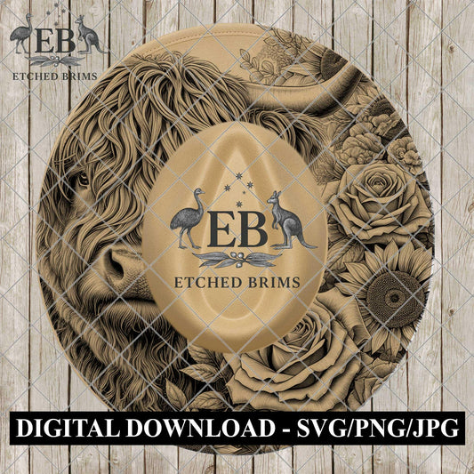 Highland Cow Roses & Sunflowers, Hat Burning Design, (PNG, PDF), Laser Engraving, Wide Brim Cowboy Hat, EB1135