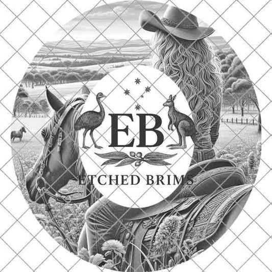 Cowgirl & Horse Wide Brim Hat Design, Laser Hat Burning Design, Digital Download PNG and SVG, Hat Burning Template, Cowgirl Hat, EBM03