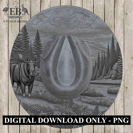 Moose and Forest 1, Hat Burning Design, Digital Download PNG, Hat Burning Template, Wide Brim Hat, Split Stencil included. EB642