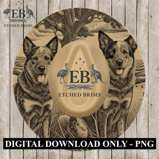 Blue Heeler Dogs, Hat Burning Design for Laser Burning, Country Scene PNG, Wide Brim Fedora, EB1184