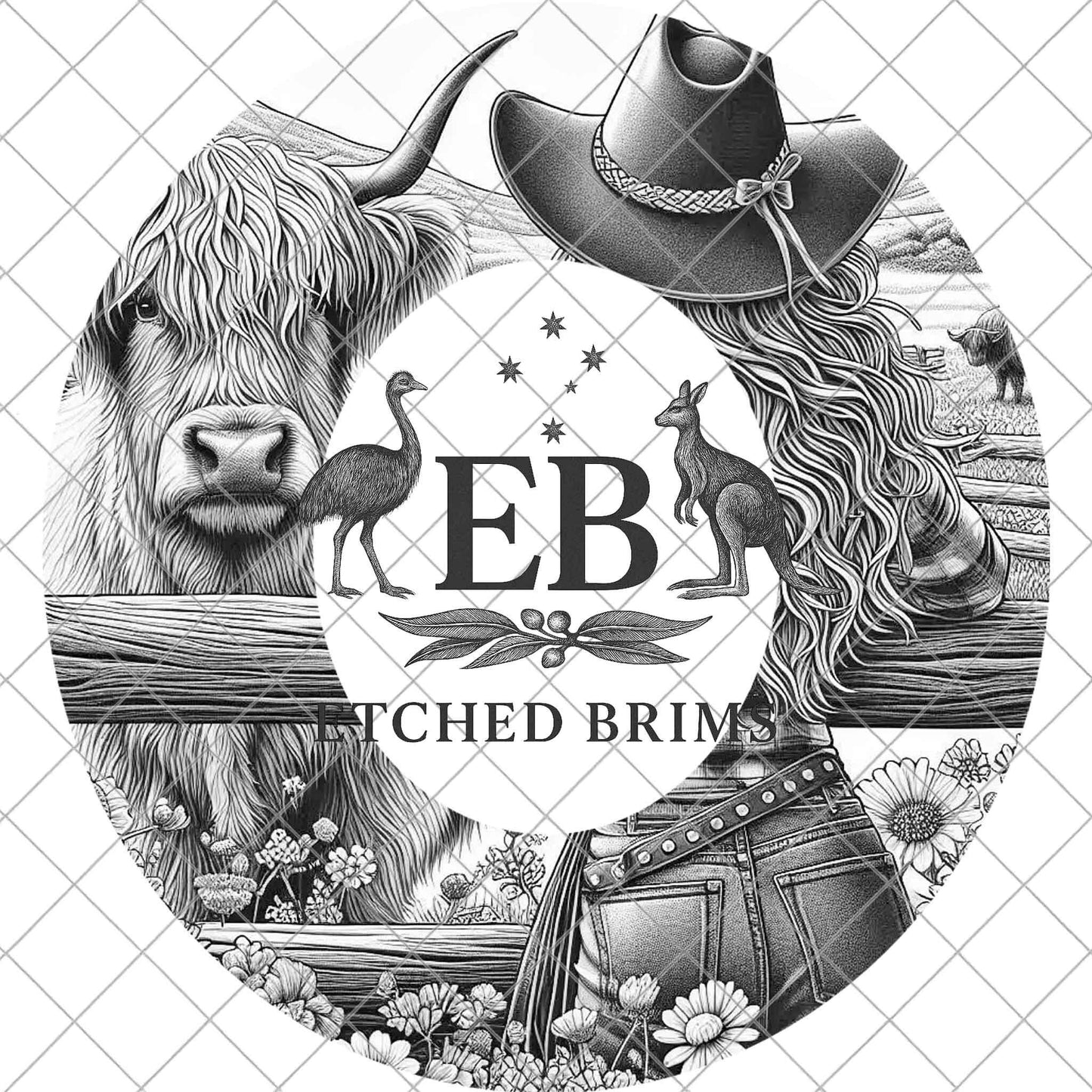 Highland Cow and Cowgirl, Hat Laser Engraving Template (Digital Download), Wide Brim Design, EB1092