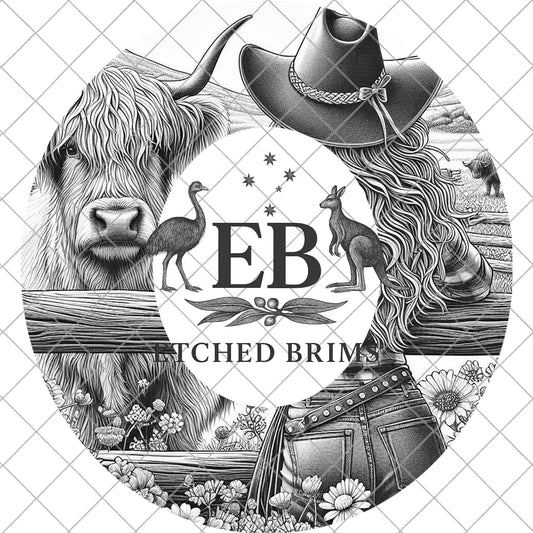 Highland Cow and Cowgirl, Hat Laser Engraving Template (Digital Download), Wide Brim Design, EB1092