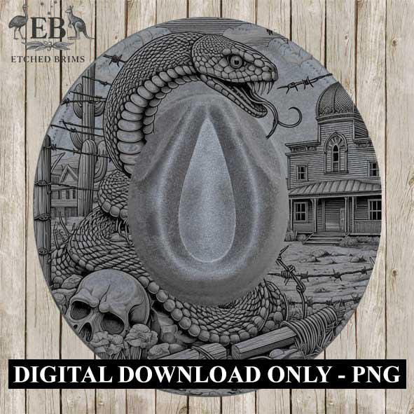 Snake Skull Western 5, Western Brim PNG Template, Digital Laser Burn Design for Wide Brim Faux Suede Hats, Laser Hat Burning File EB209