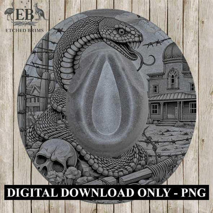 Snake Skull Western 5, Western Brim PNG Template, Digital Laser Burn Design for Wide Brim Faux Suede Hats, Laser Hat Burning File EB209