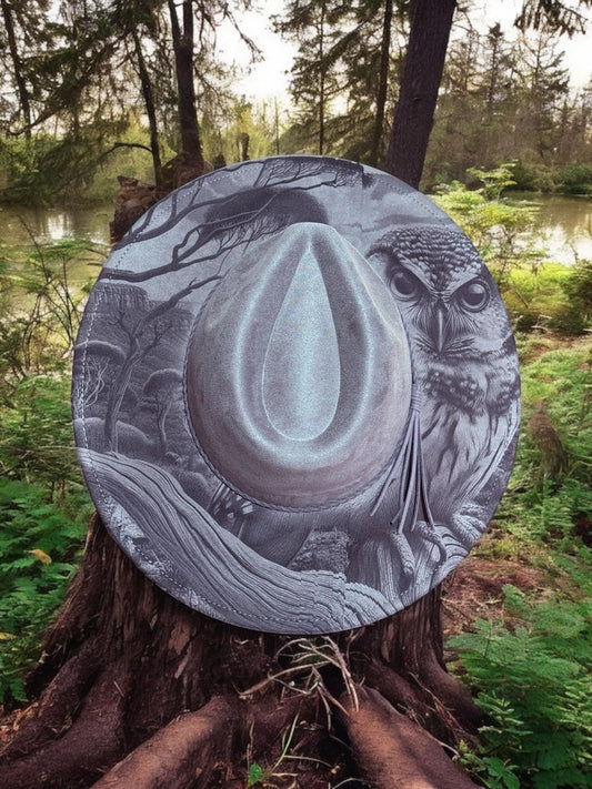 Watcher of the Woods - Owl Engraved Wide Brim Hat, Vegan Suede Fedora Hat, Laser Engraved, Cowboy Hat, Burned Fedora, Owl Design