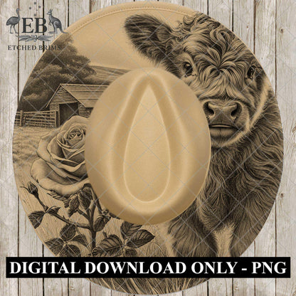 Highland Cow & Roses Wide Brim Hat Template, Burned Hat PNG, Pyrography Hat Design, Hat Burning Design, Laser Hat Design, EB861