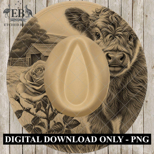 Highland Cow & Roses Wide Brim Hat Template, Burned Hat PNG, Pyrography Hat Design, Hat Burning Design, Laser Hat Design, EB861