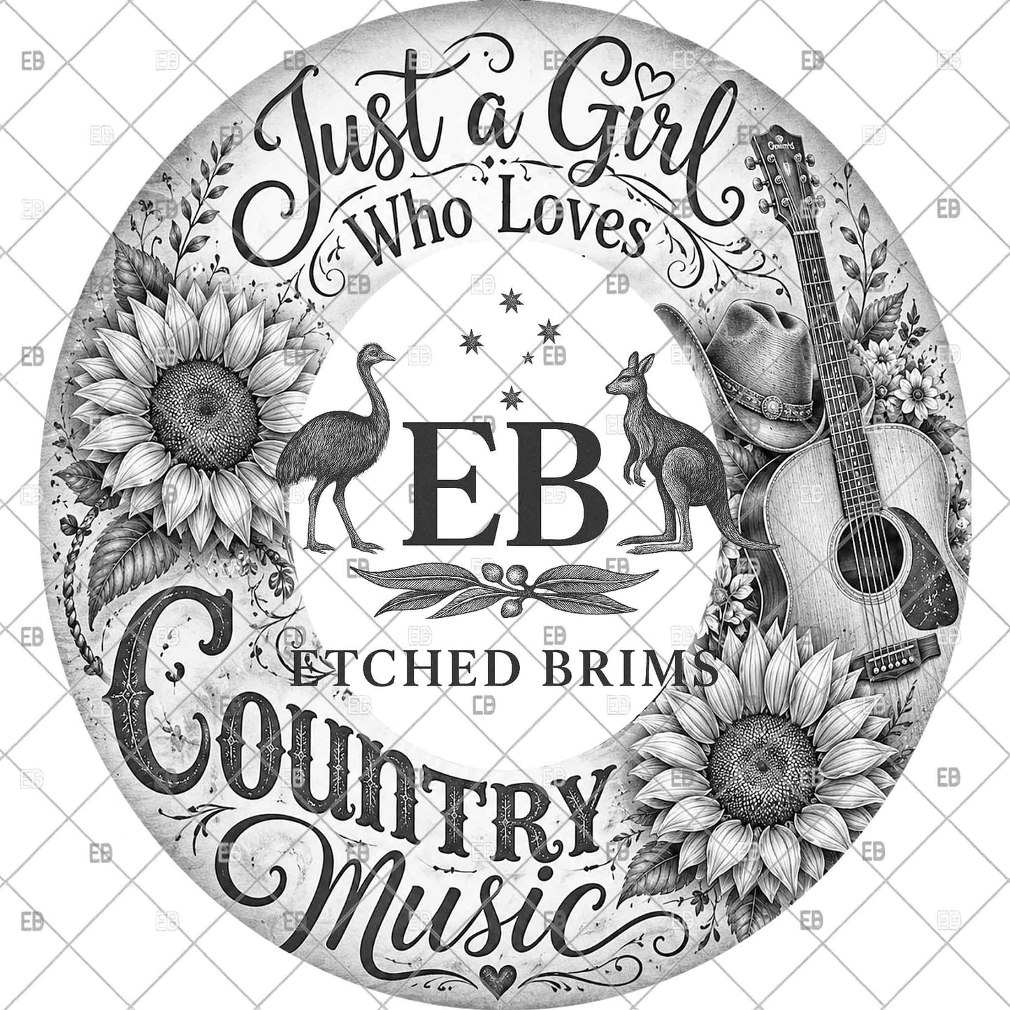 Just A Girl Who Loves Country Music, Hat Burning Template, Sunflowers Wide Brim Laser Hat Engraving Design, Printable Stencil, EB1287