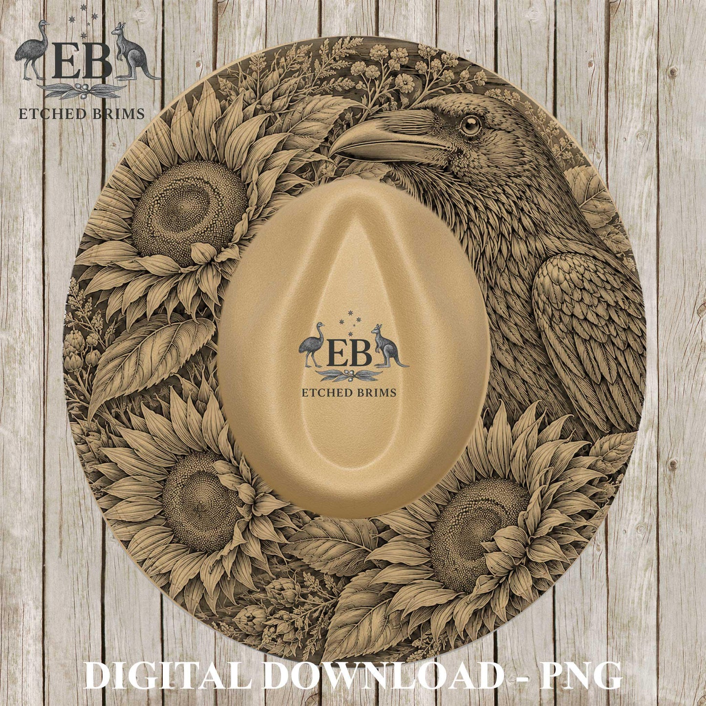 Sunflower and Raven Hat Burning Template, Laser Engraving Design for Wide Brim Fedora Hats, EB1276