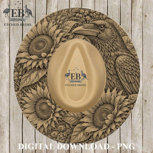 Sunflower and Raven Hat Burning Template, Laser Engraving Design for Wide Brim Fedora Hats, EB1276