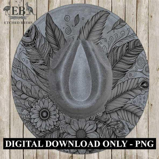 Boho Flowers & Feather, Laser Hat Burning Design, Digital Download PNG, Hat Burning Template, Hat Laser Engraving Design, Wide Brim Hat EB18