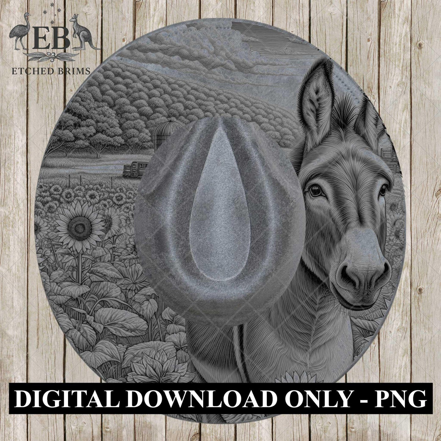 Donkey & Sunflowers 3, Hat Burning Template, Hat Burning Stencil, Hat Laser Engraving Design, Wide Brim Hat, Printable Hat Template, EB651