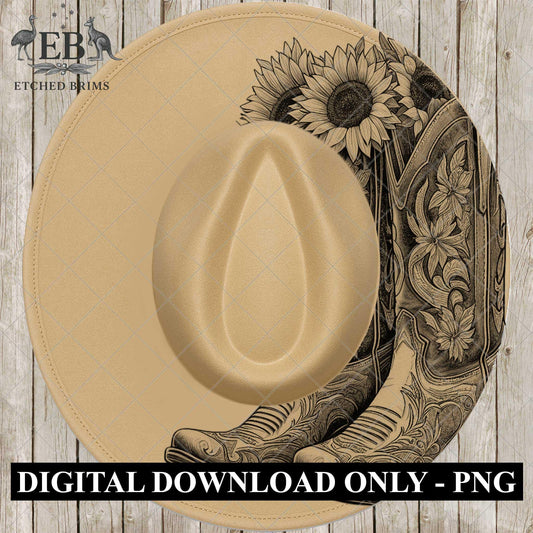 Cowgirl Boots & Sunflowers Half, Hat Burning Design, Laser Engraving Design Wide Brim Hat, Boho,Laser Hat Burning Template, EB834