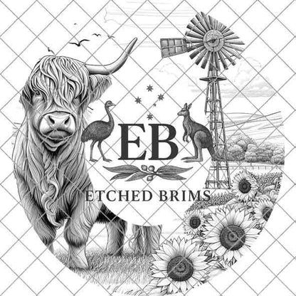 Highland Cow & Windmill Hat Design 1, Rustic Farmhouse Sunflower Brim Template, Western Laser Engraving Digital Download Hat File, EB375