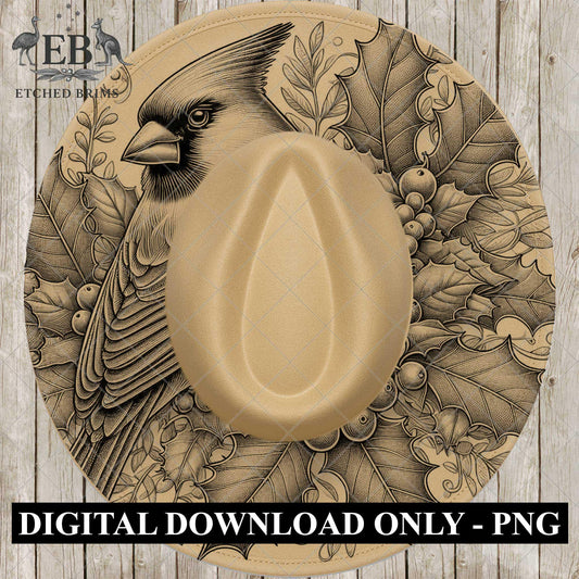 Christmas Cardinal & Holly, Hat Burning Design, Festive Digital Download, Hat Burning Template, Wide Brim Hat Design, Hat Stencil, EB680