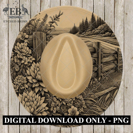 Country Wildflowers, Hat Burning Design, Hat Engraving, Laser File, Wide Brim Hat, Printable Hat Template, EB1049