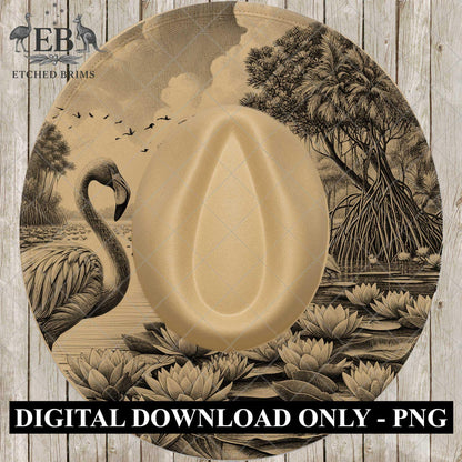 Flamingo & Lillies, Hat Burning Design, Wide Brim Hat Template, Pyrography Hat Design, Laser Hat Burning Design, EB838