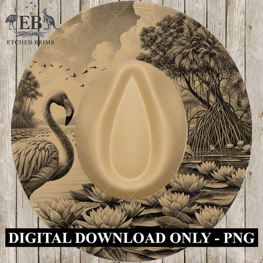 Flamingo & Lillies, Hat Burning Design, Wide Brim Hat Template, Pyrography Hat Design, Laser Hat Burning Design, EB838