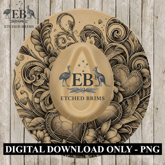 Hearts & Flowers Valentine, Hat Engraving Design, Digital Download PNG, Wide Brim Hat Template, EB1125