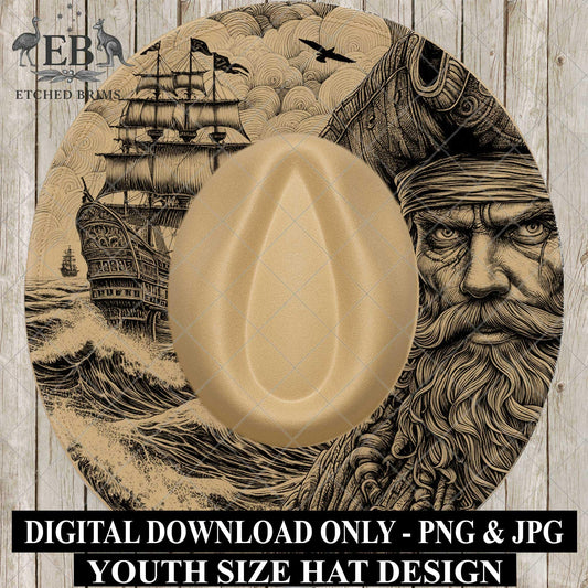 Child Size Pirate Ship Hat Burning Design - Laser Template for Youth Cowboy Hat, EBY231