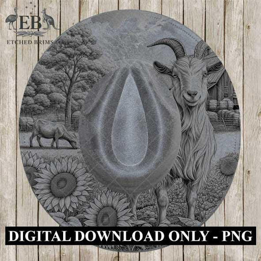 Goat and Sunflowers 5, Hat Burning Template, Hat Burning Stencil, Hat Laser Engraving Design, Wide Brim Hat, Printable Hat Template, EB558