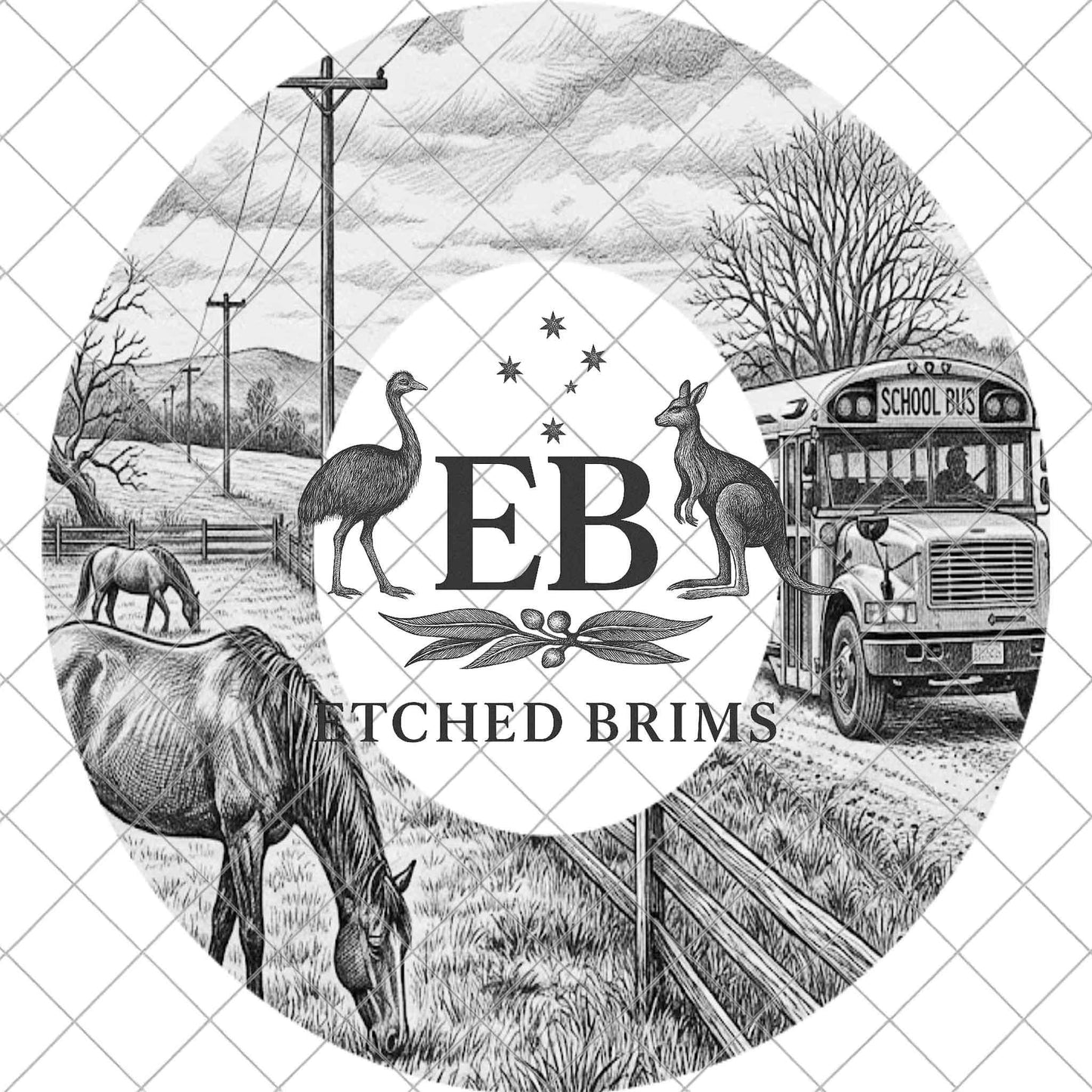 Rural School Bus & Grazing Horse Hat Template PNG, Laser Engraving Brim Design for Western Hats, EB1028