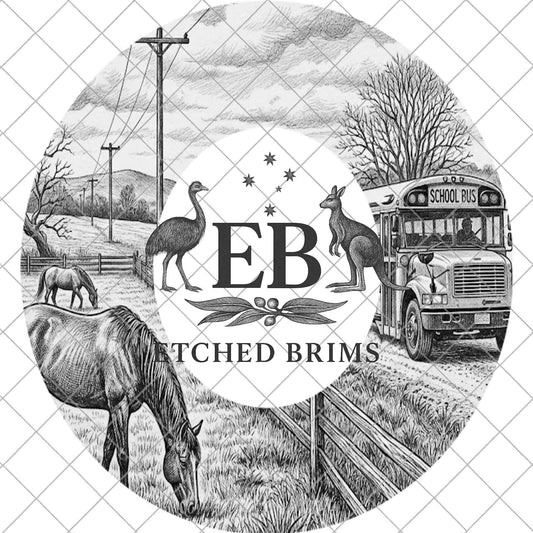 Rural School Bus & Grazing Horse Hat Template PNG, Laser Engraving Brim Design for Western Hats, EB1028