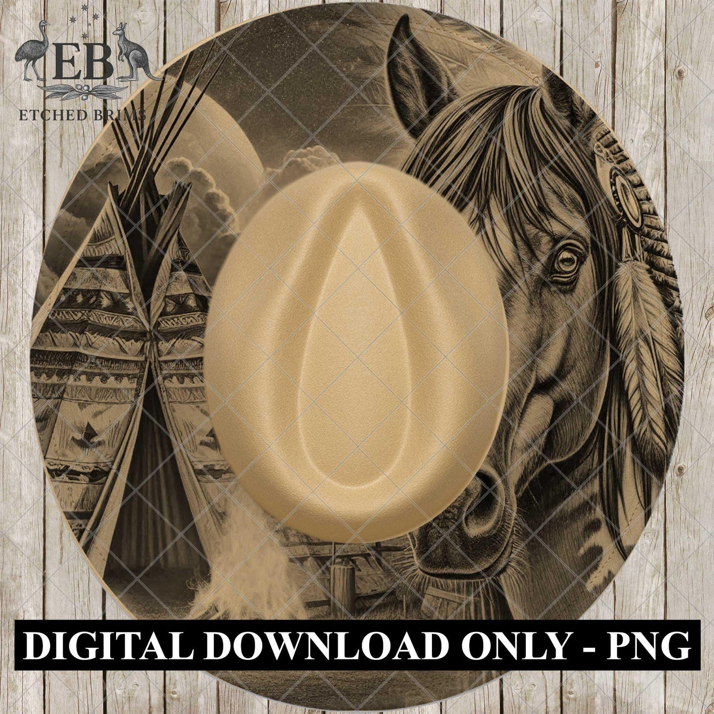 Indian Horse and Campfire, Hat Burning Template for Wide Brim Hats. PNG for Laser Engraving and PDF Burning Stencil for Hand Burning, EB953