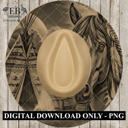Indian Horse and Campfire, Hat Burning Template for Wide Brim Hats. PNG for Laser Engraving and PDF Burning Stencil for Hand Burning, EB953