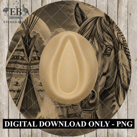 Indian Horse and Campfire, Hat Burning Template for Wide Brim Hats. PNG for Laser Engraving and PDF Burning Stencil for Hand Burning, EB953