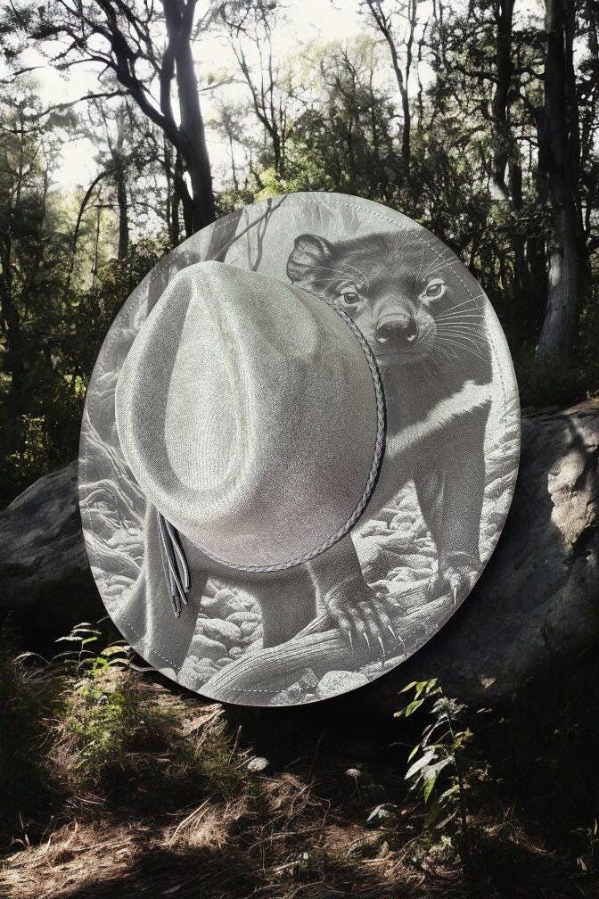 Devil In the Dust – Laser Engraved Tasmanian Devil Brim Hat, Wide Brim Hat, Vegan Suede Fedora Hat, Laser Engraved, Burned Fedora