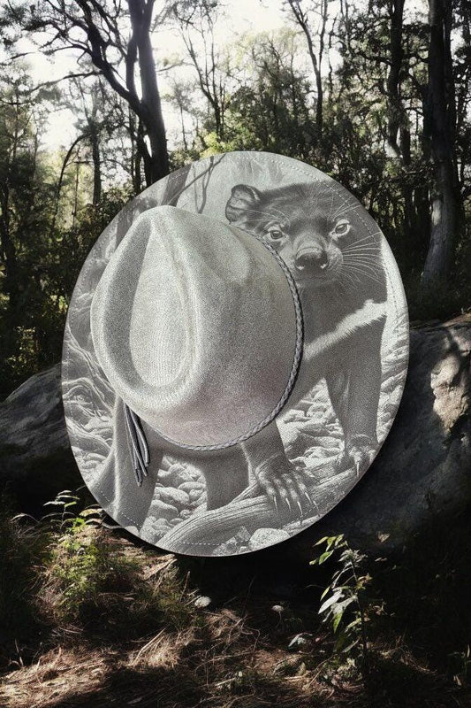 Devil In the Dust – Laser Engraved Tasmanian Devil Brim Hat, Wide Brim Hat, Vegan Suede Fedora Hat, Laser Engraved, Burned Fedora