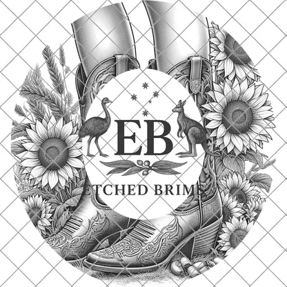 Cowgirl Boots & Sunflowers 8 Hat Burning Design, Western Brim PNG PDF Template, Digital Laser Design, Wide Brim Faux Suede Hat, EB629
