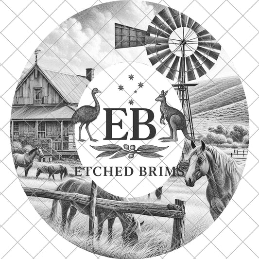 Hat Burning Design, Windmill and Horses, Rural Homestead, Rustic Western Country Farm, Laser Engraving Template for Wide Brim Hat, EB1039