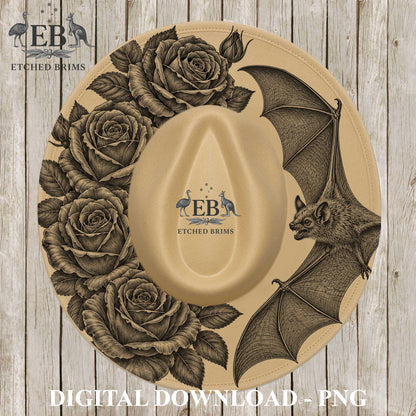Bat & Roses Hat File, Laser Hat Burning Design, Digital Download PNG, Hat Burning Template, Hat Laser Engraving Design, Hat File EB1272